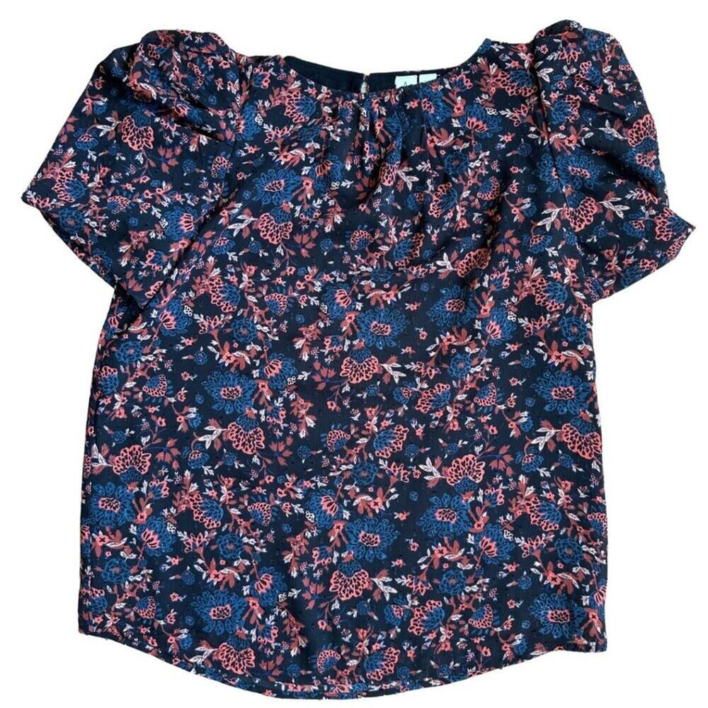 Joie Short Sleeve Floral Blouse Black, Red & Blue S